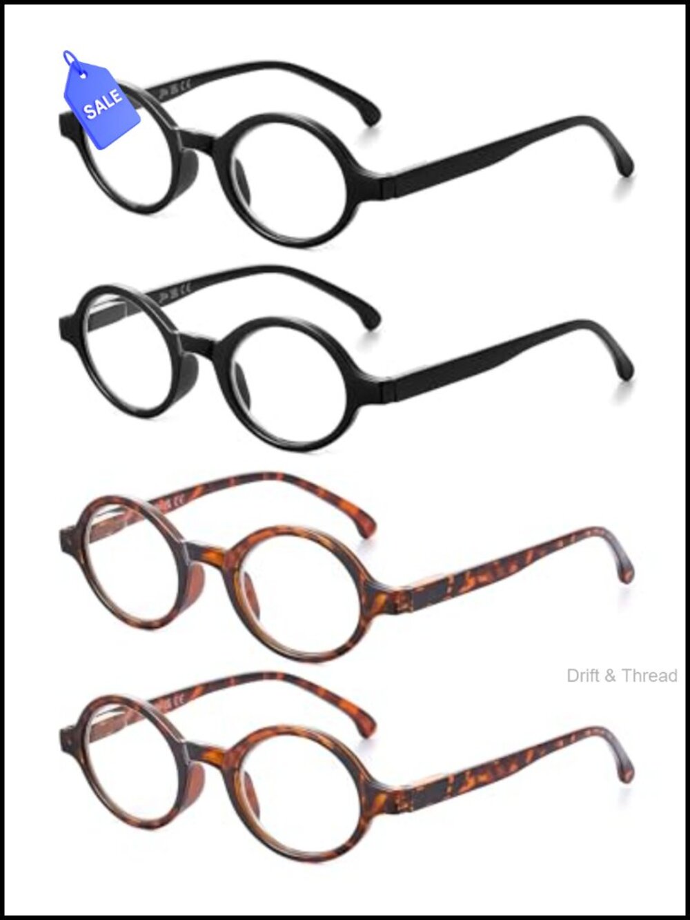 4 Pairs Round Retro Reading Glasses Spring Hinge Plastic Readers